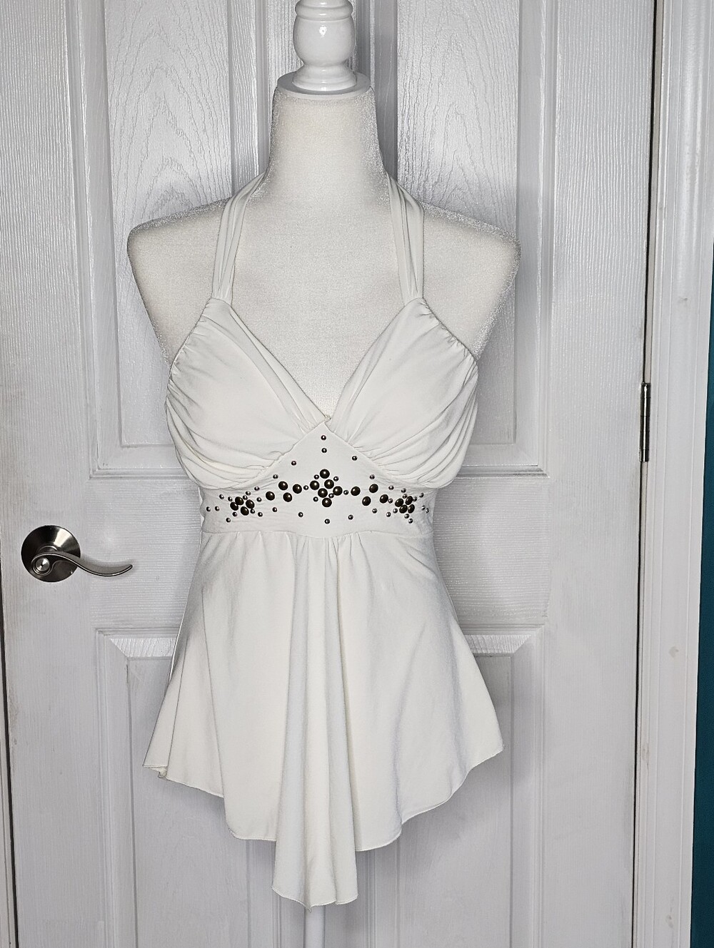 Vintage Cream White Halter Top with Stud Embellishment
